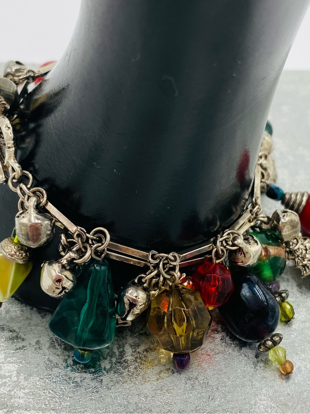 Vintage SilverTone Multicolor Glass Beads Christmas Charm Bracelet Double Strand